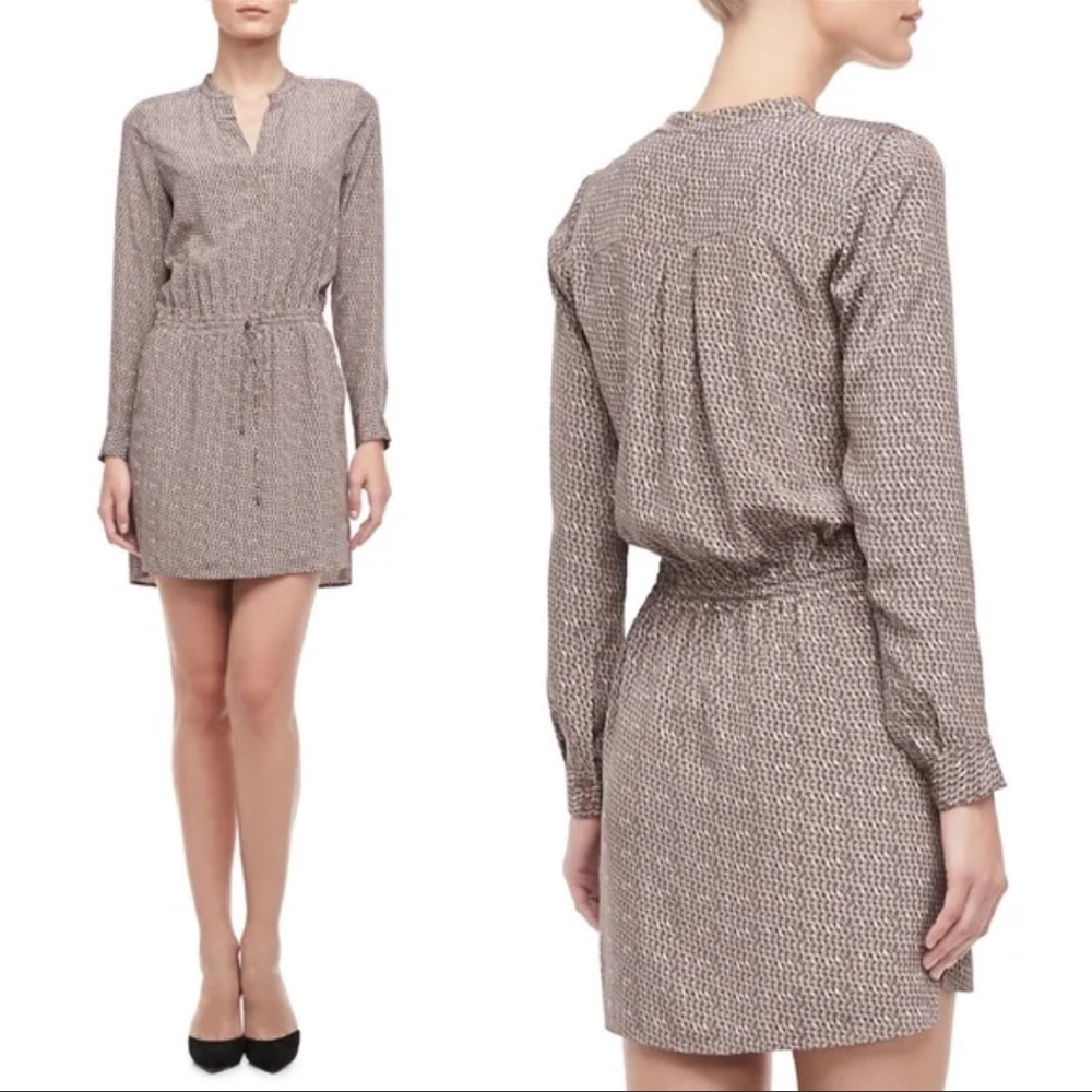 Vince Shirt Dress Drop Waist Printed 100% Silk Drawstring Pockets size 10